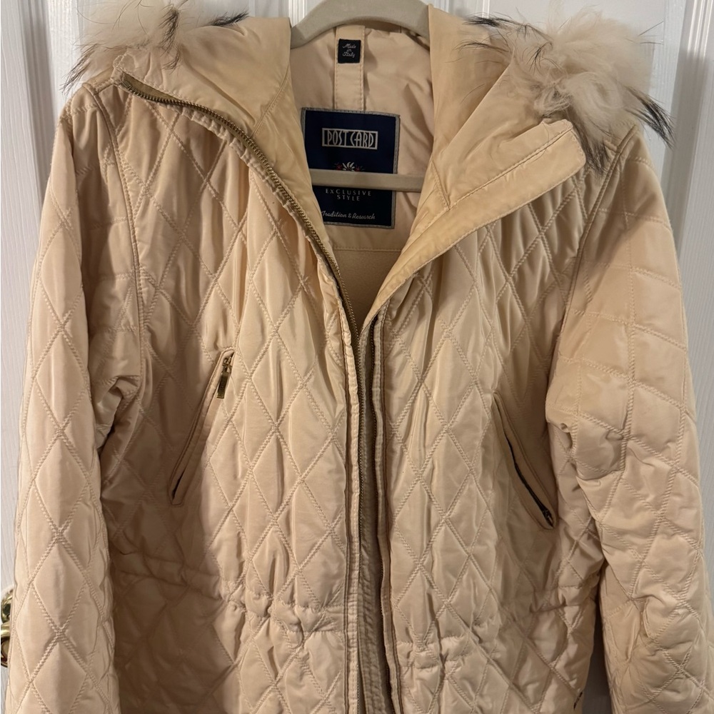 Designer Italian Post Card Ski Coat with Faux Fur Hood